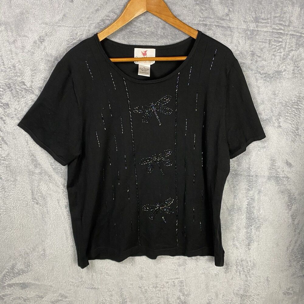 Quacker Factory Beaded Short Sleeve‎ Sweater Top Size XL Black Dragonfly Silk